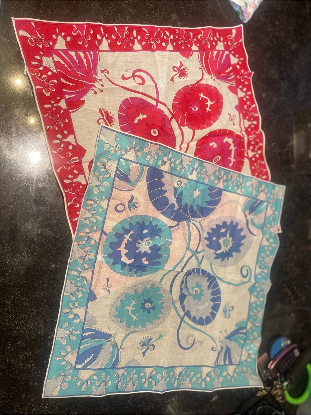 Emilio Pucci vintage Floral Silk Scarves in Red & Blue Turquoise. - Picture 1 of 5
